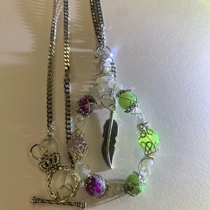 FOREST GUARDIAN — Handmade Glass Beaded Statement Necklace w Charm Silver Green